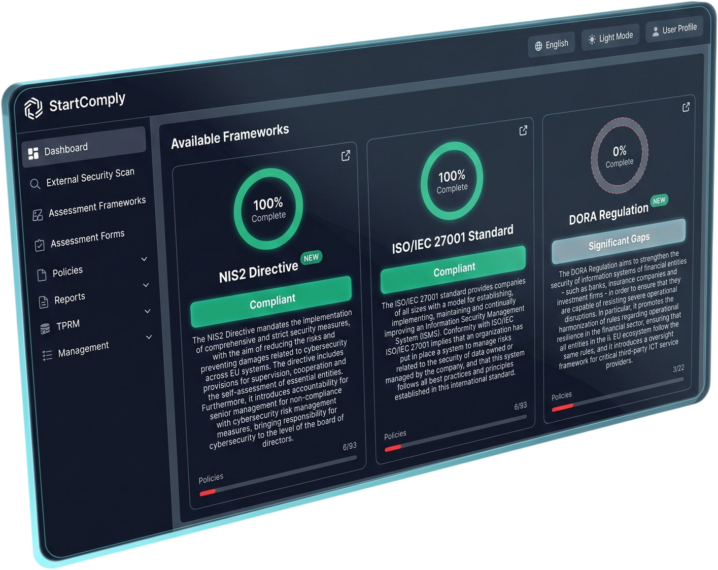 StartComply dashboard, available compliance frameworks